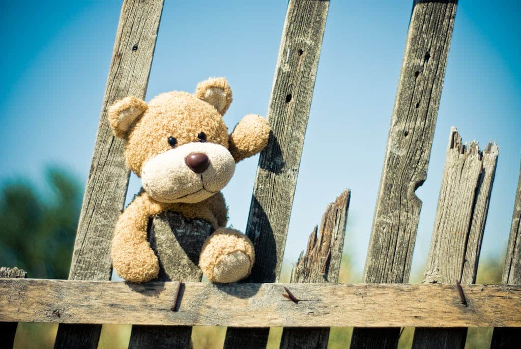 Cute teddy bear sitting on a rustic wooden fence against a clear summer sky.